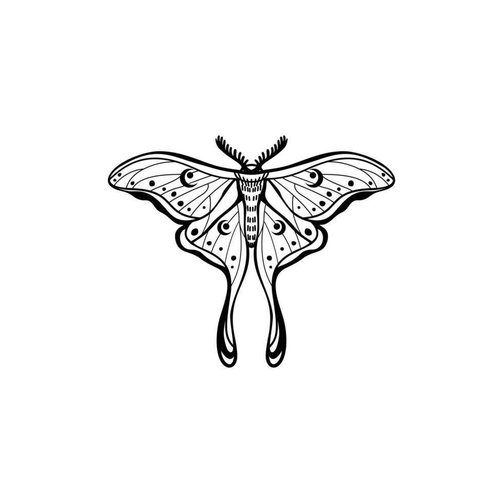 Luna Motte mit Liliths Symbol auf ihr Flügel. Luna Motte, Mond Motte. geometrisch Vektor Symbol mit Luna Motte