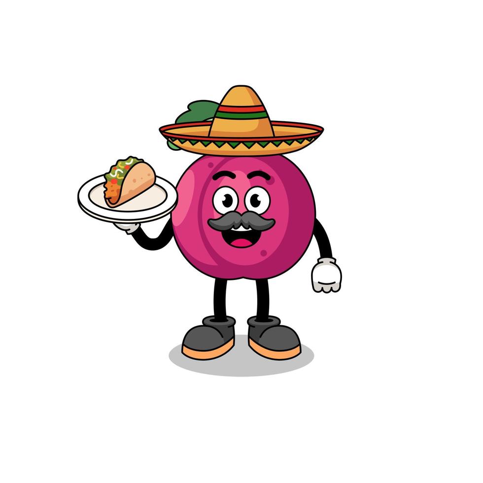 karaktär tecknad serie av plommon frukt som en mexikansk kock vektor