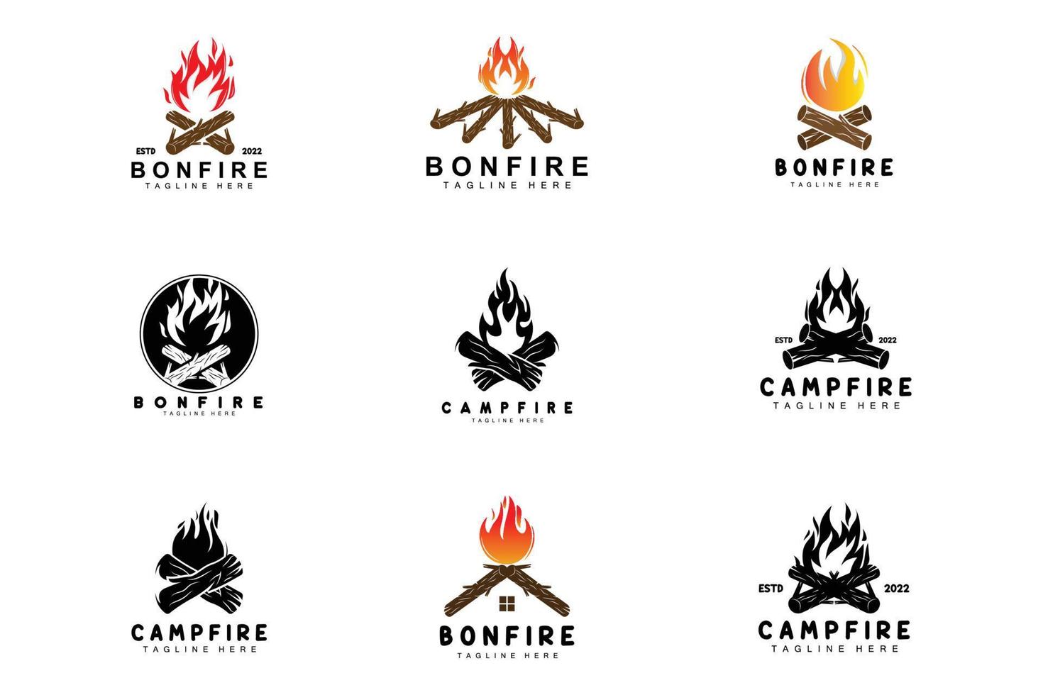 lägereld logotyp design, camping vektor, trä brand och skog design vektor