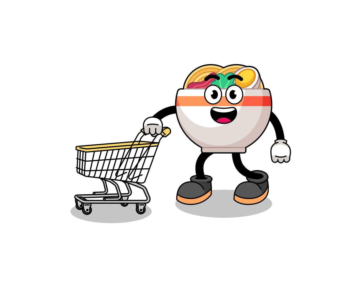 Karikatur von Nudel Schüssel halten ein Einkaufen Wagen vektor
