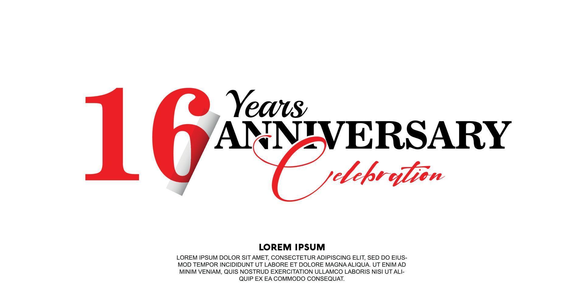 16 Jahr Jahrestag Feier Logo Vektor Design mit rot und schwarz Farbe auf Weiß Hintergrund abstrakt