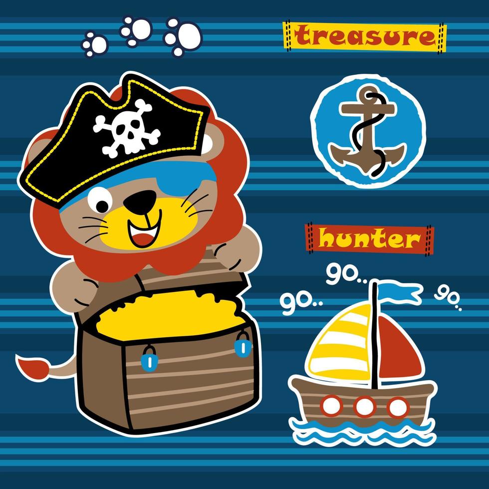 süß Löwe das Pirat umarmen Schatz Truhe auf gestreift Hintergrund mit Pirat Elemente, Vektor Karikatur Illustration