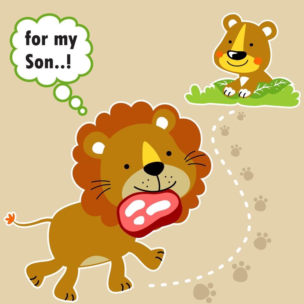lejon familj, en lejon bärande kött i den mun, vektor tecknad serie illustration