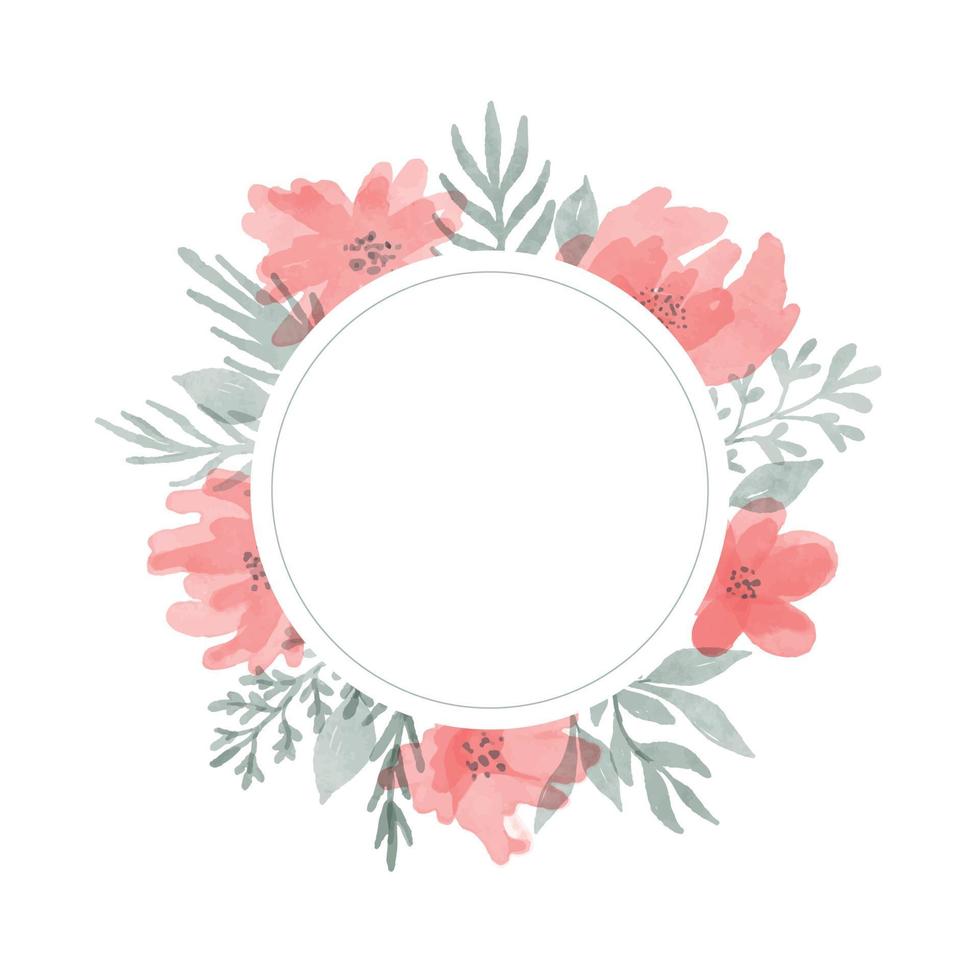 vektor runda ram med vattenfärg blommor och löv på vit bakgrund i pastell färger.