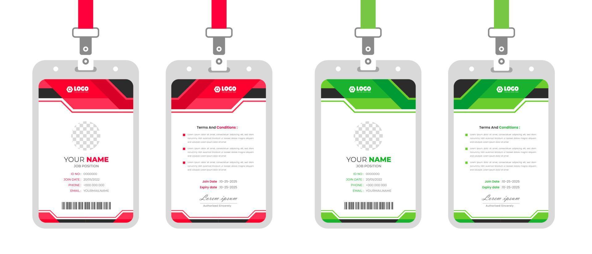 företags- modern och enkel företag kontor id kort design bunt. företags- företag anställd identitet kort mall med röd och grön Färg. vektor