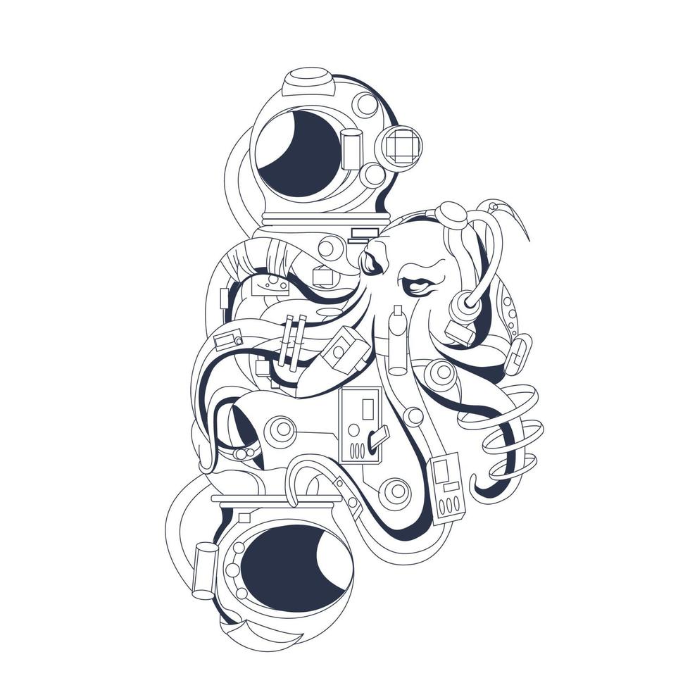 astronaut bläckfisk färgning illustration konstverk vektor