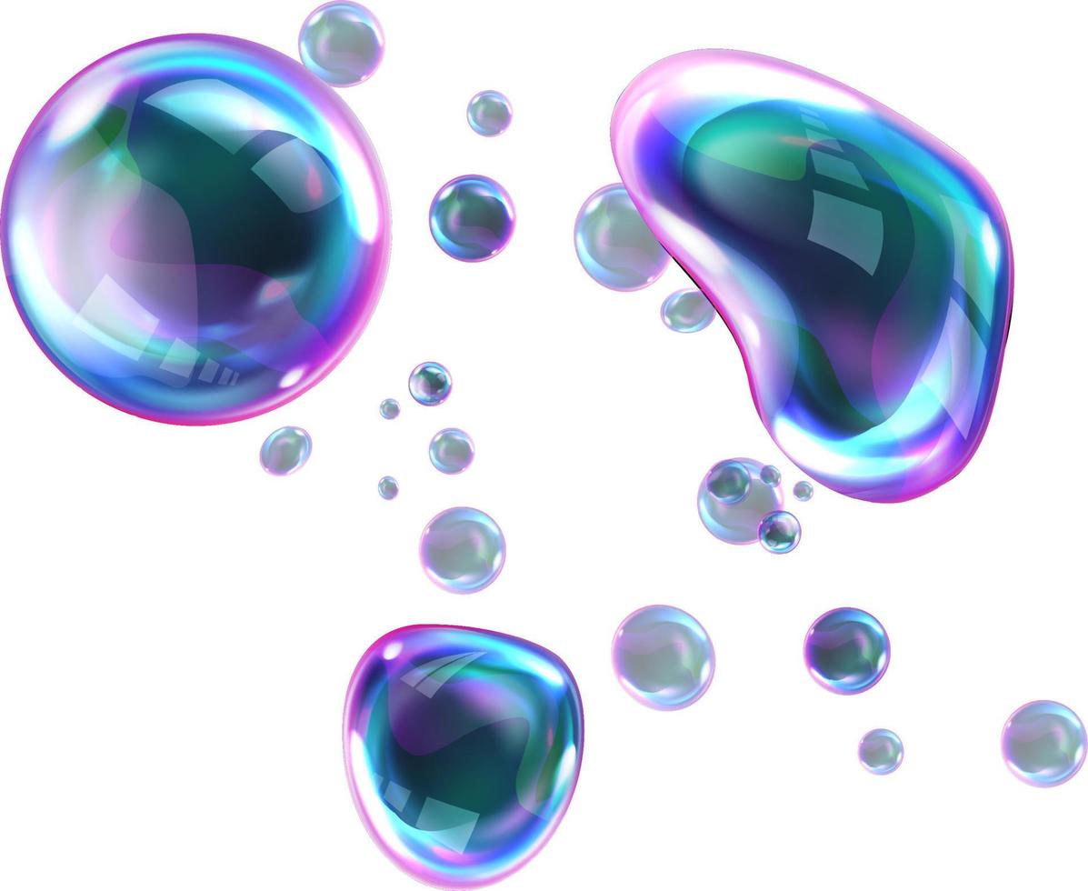 spricker tvål regnbåge bubblor med reflektioner vektor