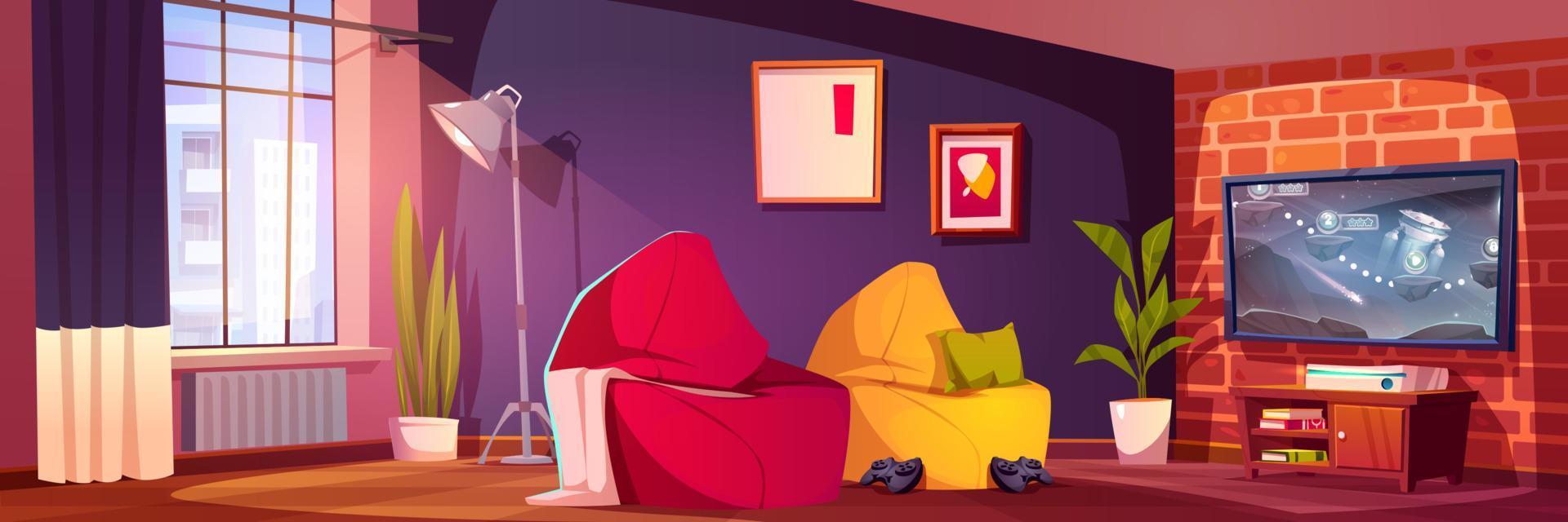 Spieler Zimmer mit Fernseher Spielen Konsole, Sitzsack Stühle vektor