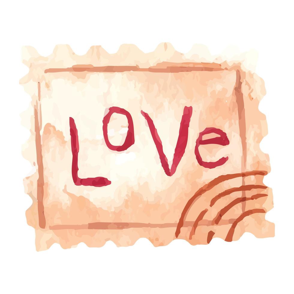 hand dragen vattenfärg porto stämpel med kärlek text. söt vattenfärg illustration för valentines dag, kort, skriva ut, klistermärke. vektor