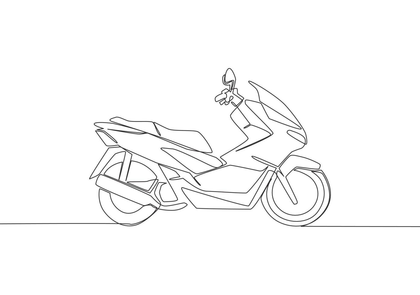 ett kontinuerlig linje teckning av modern lyx asiatisk underbenet motorcykel logotyp. stor automatisk motorcykel begrepp. enda linje dra design vektor illustration