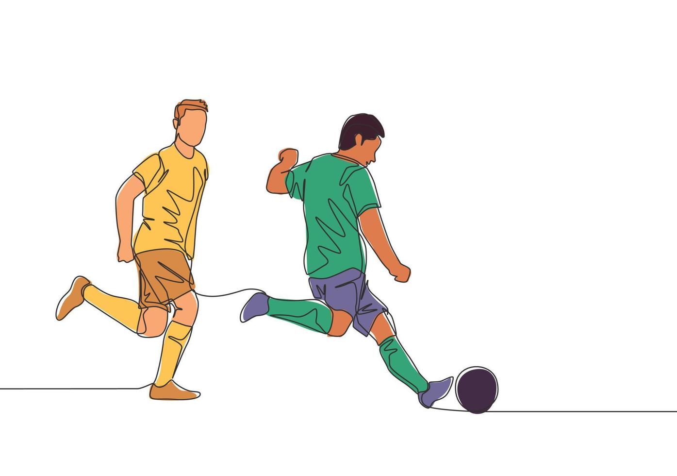 einer kontinuierlich Linie Zeichnung von jung energisch Fußball Spieler treten das Ball zu bestehen zu seine Teamkollegen. Fußball Spiel Sport Konzept. Single Linie zeichnen Design Vektor Illustration