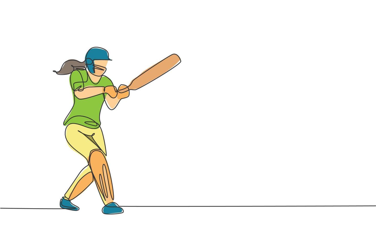 einzelne durchgehende Linie, die eine junge agile Cricketspielerin zeichnet, schlug erfolgreich die Vektorgrafik des Balls. Sportübungskonzept. trendiges One-Line-Draw-Design für Cricket-Werbemedien vektor