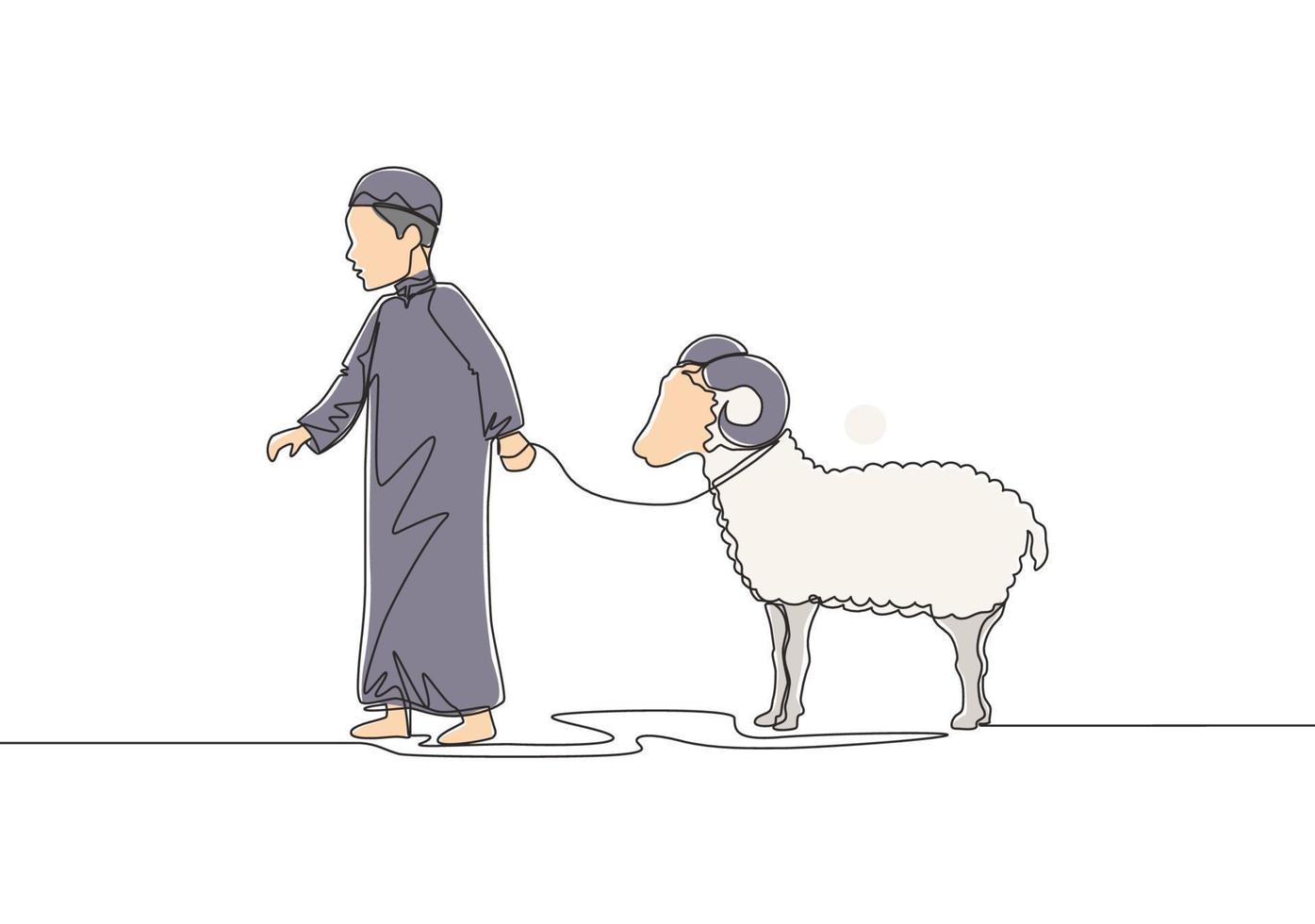 einer Single Linie Zeichnung von jung Muslim Junge halten Schaf zu Masjid. Muslim Urlaub das Opfern ein Ziege oder Schaf, eid al adha Gruß Karte Konzept kontinuierlich Linie zeichnen Design Illustration vektor