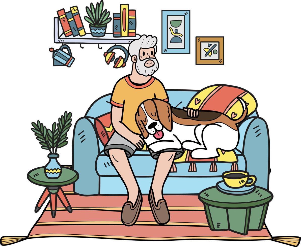 Hand gezeichnet Alten Mann Sitzung mit Beagle Hund Illustration im Gekritzel Stil vektor