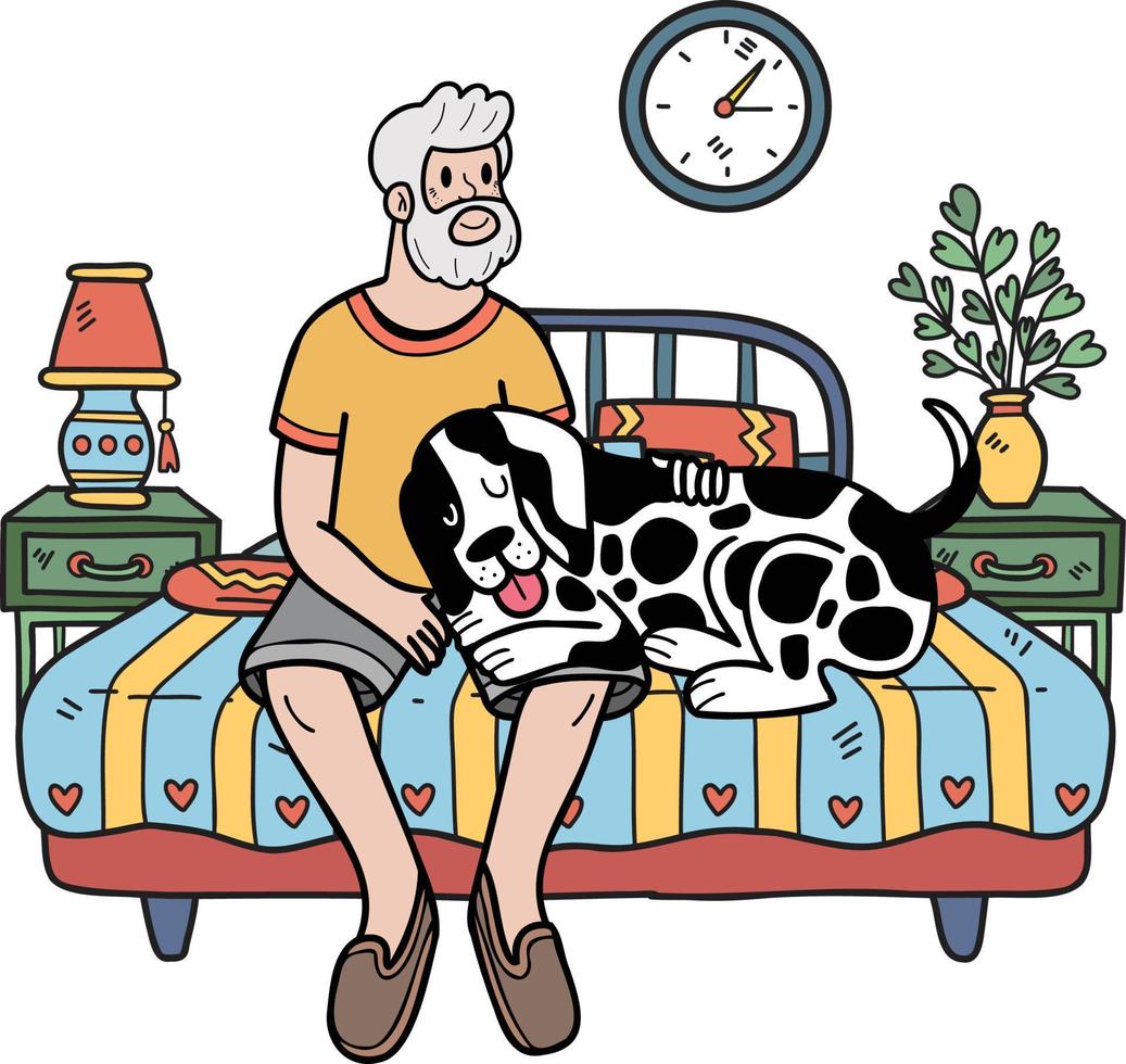 Hand gezeichnet Alten Mann Sitzung mit Dalmatiner Hund Illustration im Gekritzel Stil vektor