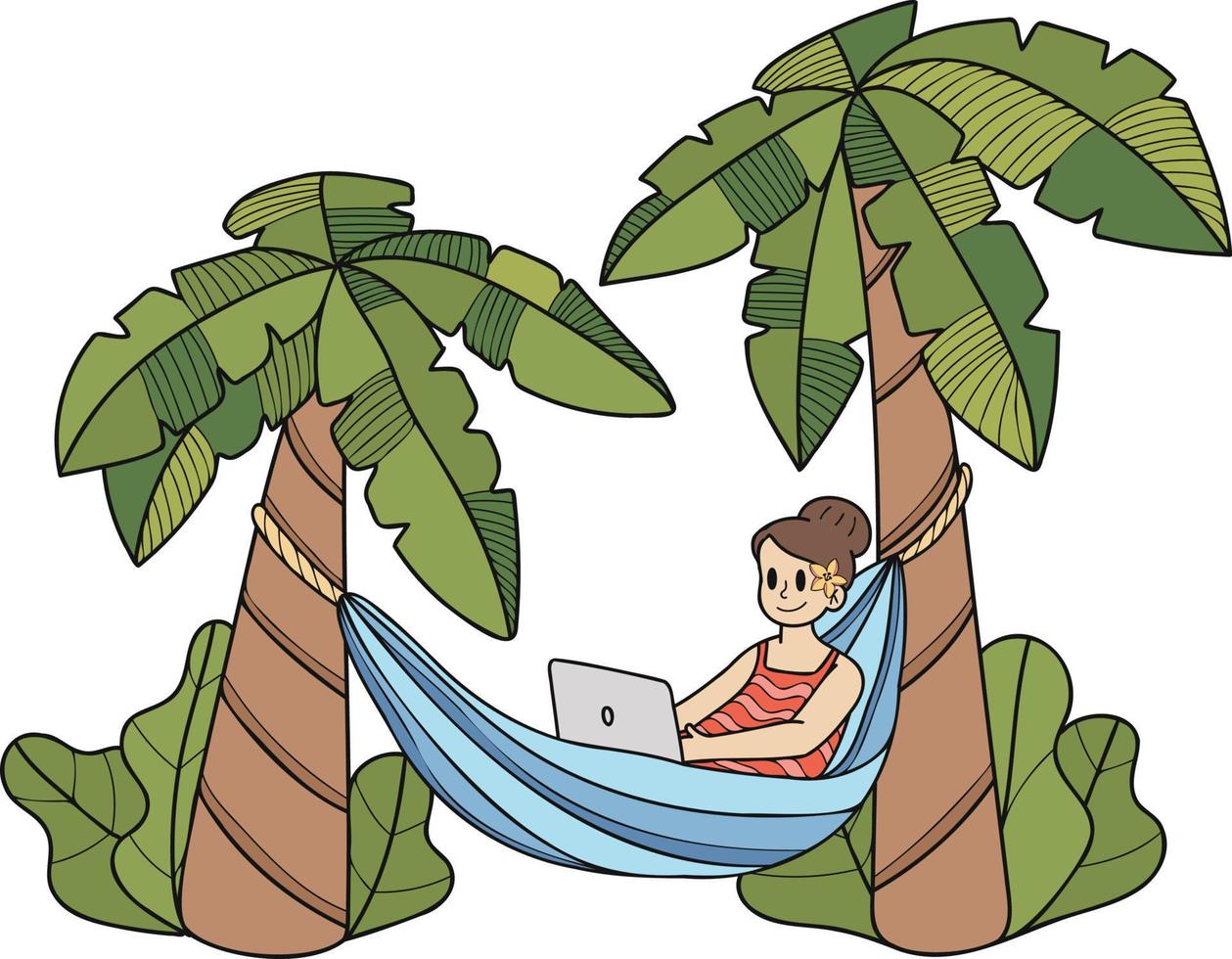 hand dragen frilans kvinna arbetssätt på bärbar dator under kokos träd illustration i klotter stil vektor