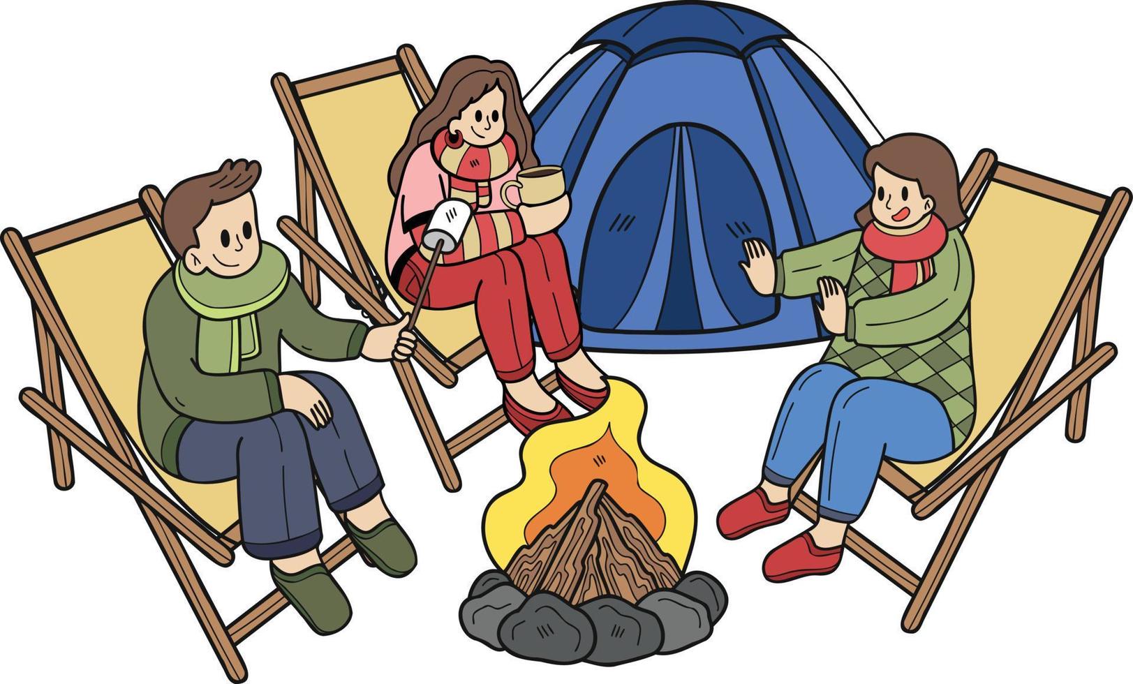 Hand gezeichnet ein Gruppe von Touristen sitzen durch das Feuer im das Wald Illustration im Gekritzel Stil vektor