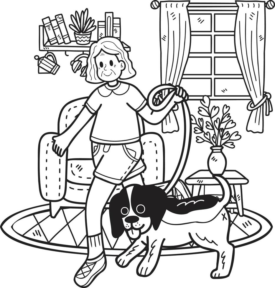 Hand gezeichnet Alten mit Hund Leine Illustration im Gekritzel Stil vektor