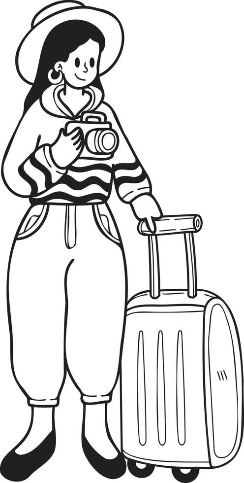 Hand gezeichnet weiblich Touristen nehmen Bilder mit Koffer Illustration im Gekritzel Stil vektor