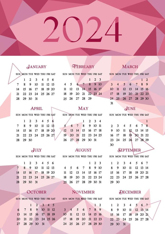 2024 Kalender. Woche beginnt auf Sonntag. geometrisch niedrig poly Design. Kalender 2024 im Englisch. a4 Vertikale Seite vektor