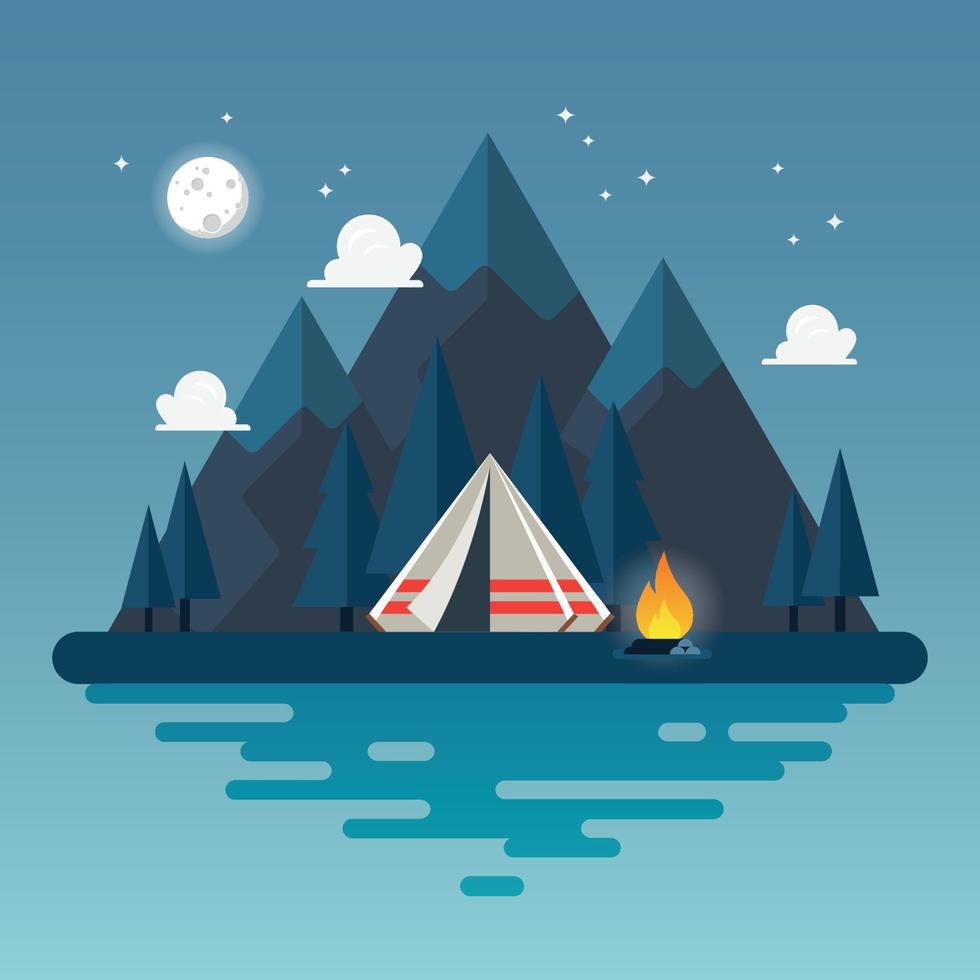 camping tält med landskap på natt vektor