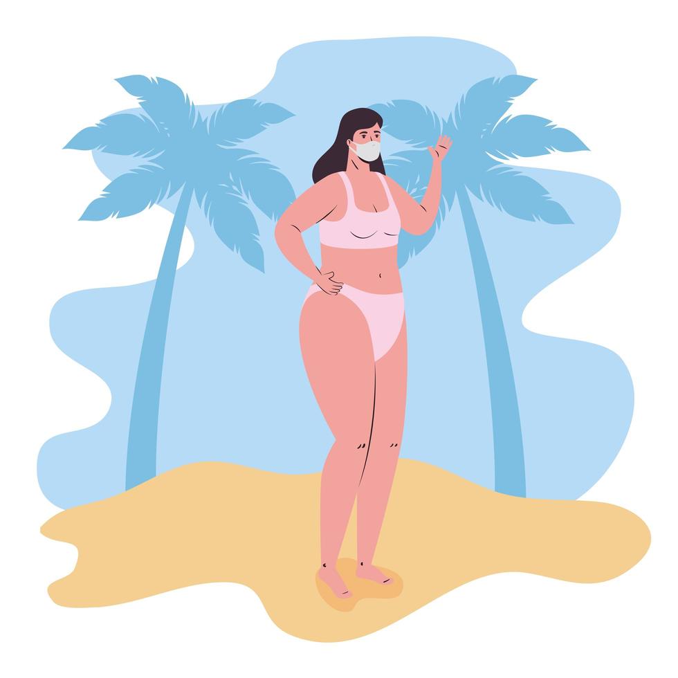 Frau im Badeanzug trägt eine Gesichtsmaske am Strand vektor