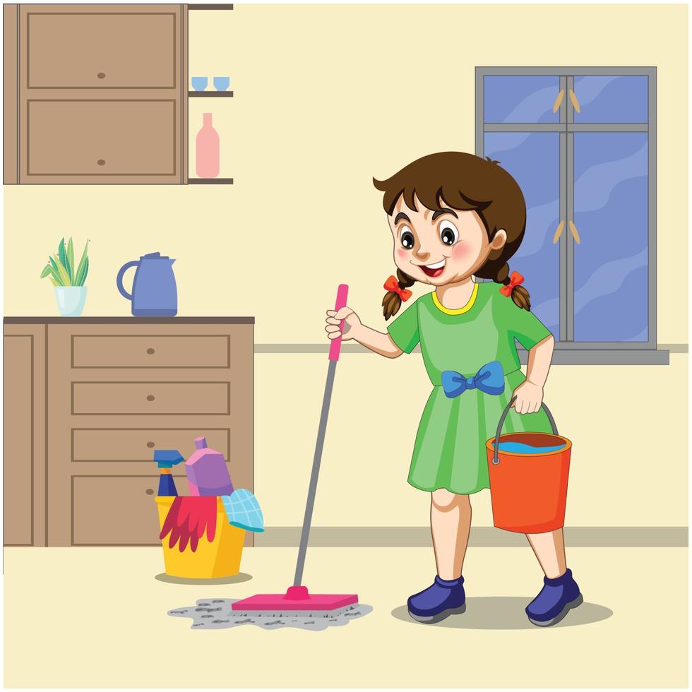 süß wenig Mädchen Reinigung mit ein Mopp und ein Eimer von Wasser Vektor Illustration
