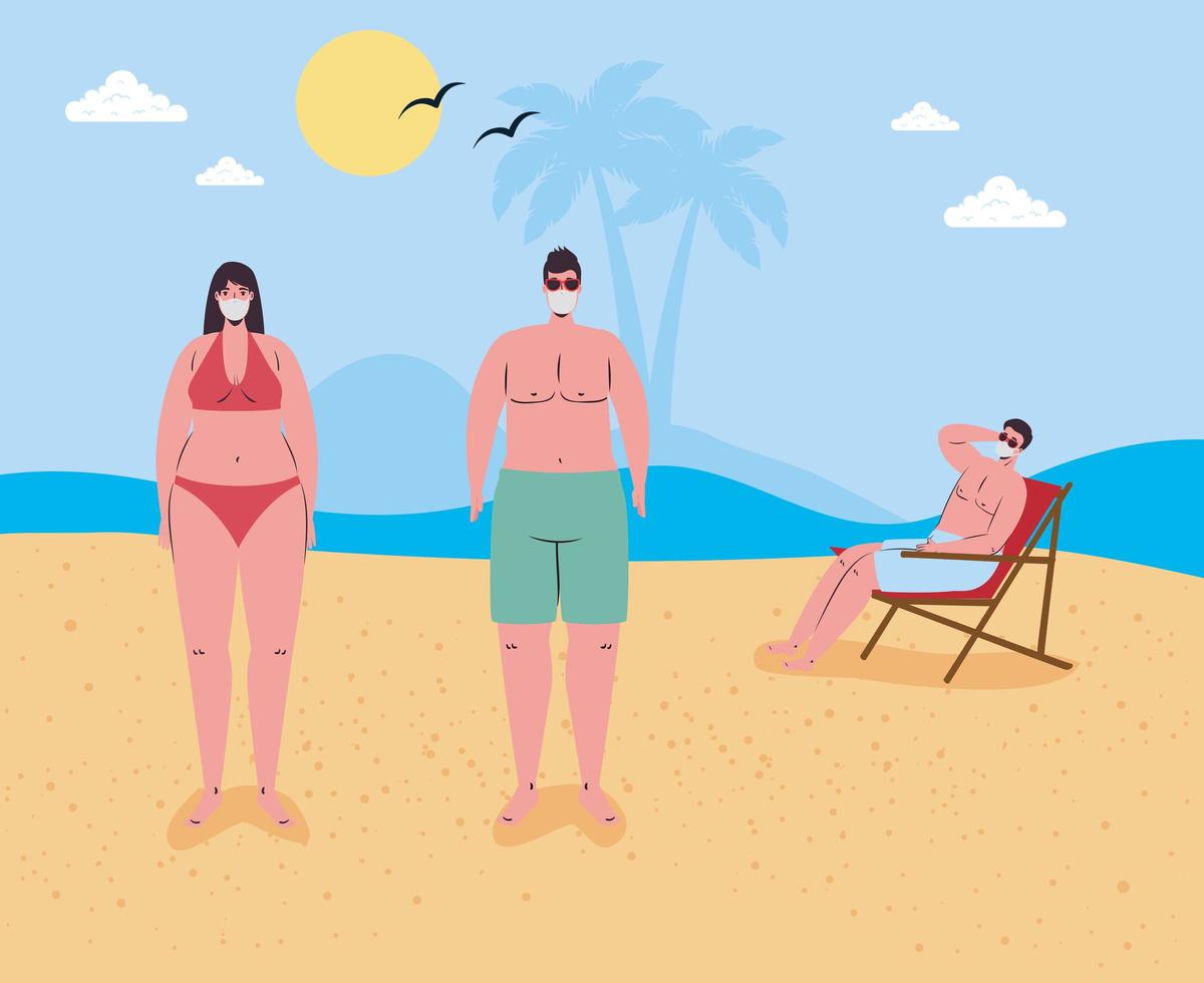 Menschen in Badeanzügen, sozialer Distanzierung und mit Gesichtsmasken am Strand vektor