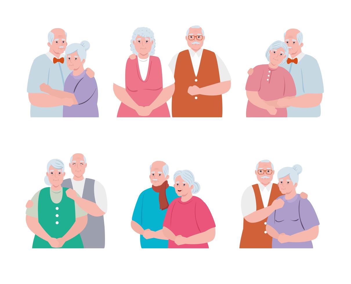 grupp äldre par som ler, gamla kvinnor och gamla män i kärlek vektor
