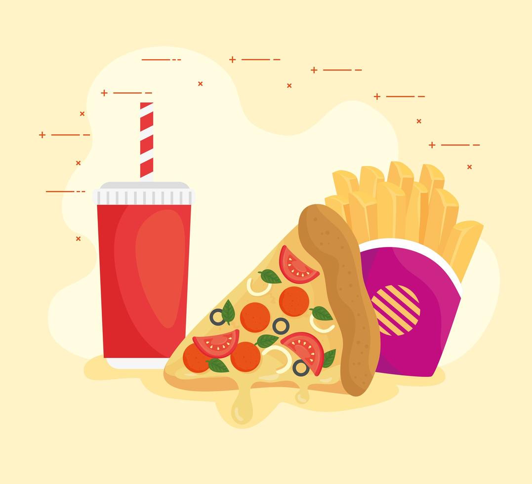 Pizza mit Pommes Frites und Getränken, Fast-Food-Kombination vektor