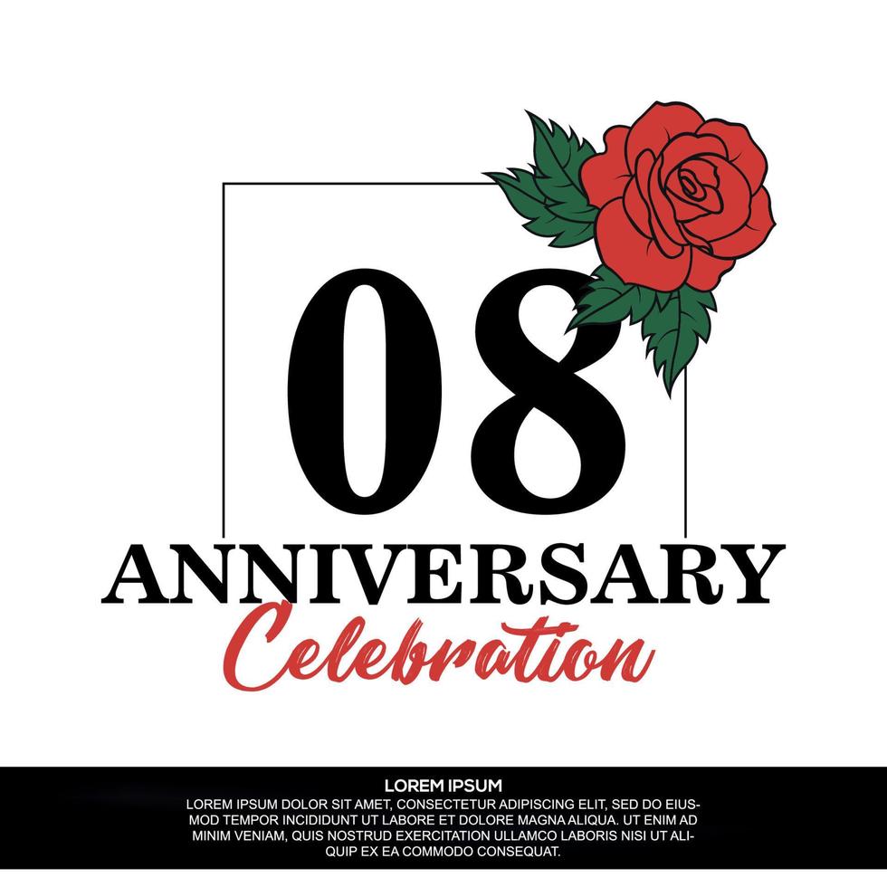 08. Jahrestag Feier Logo Vektor Design mit rot Rose Blume mit schwarz Farbe Schriftart auf Weiß Hintergrund abstrakt