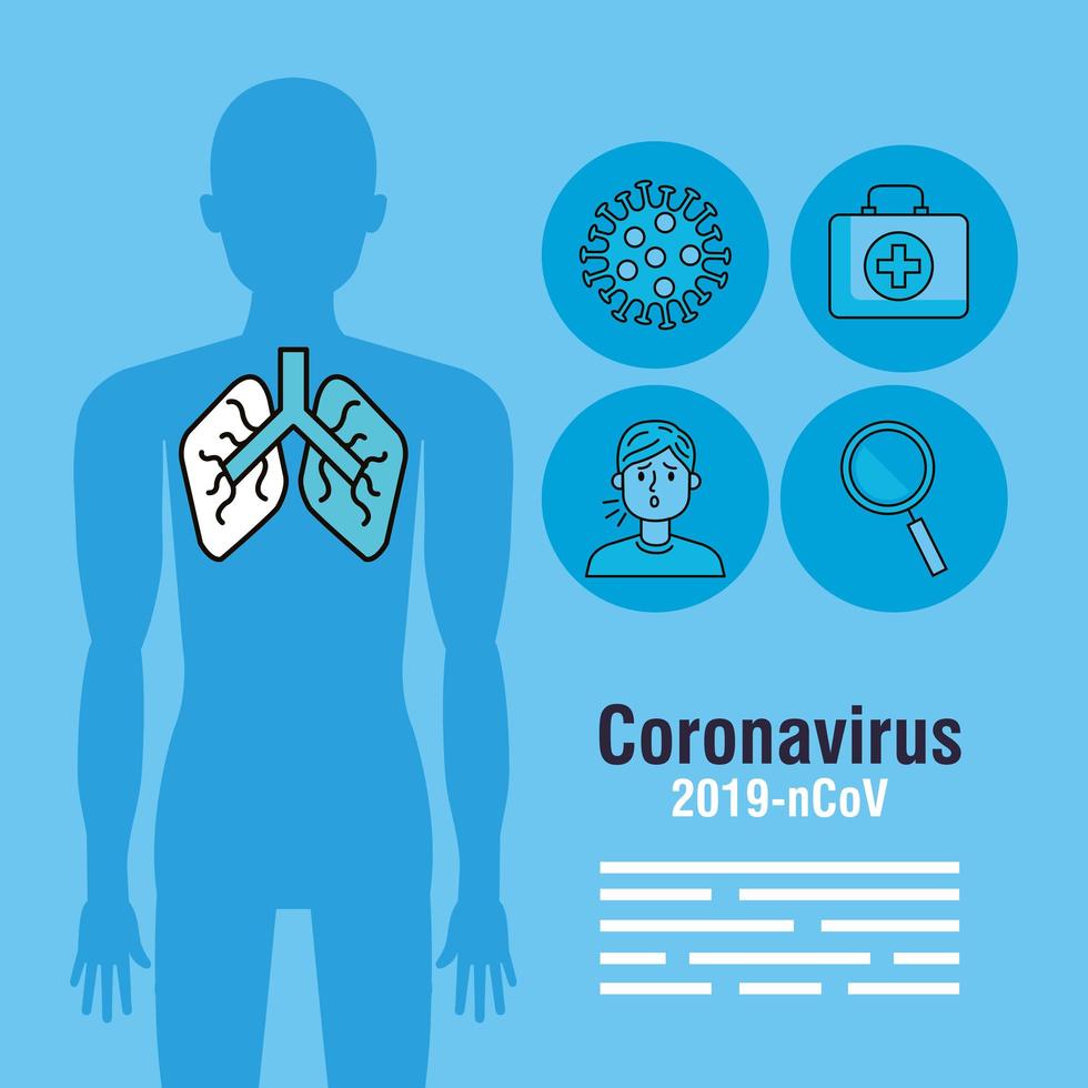 coronavirus pandemisk banner med kroppssilhuett och ikoner vektor