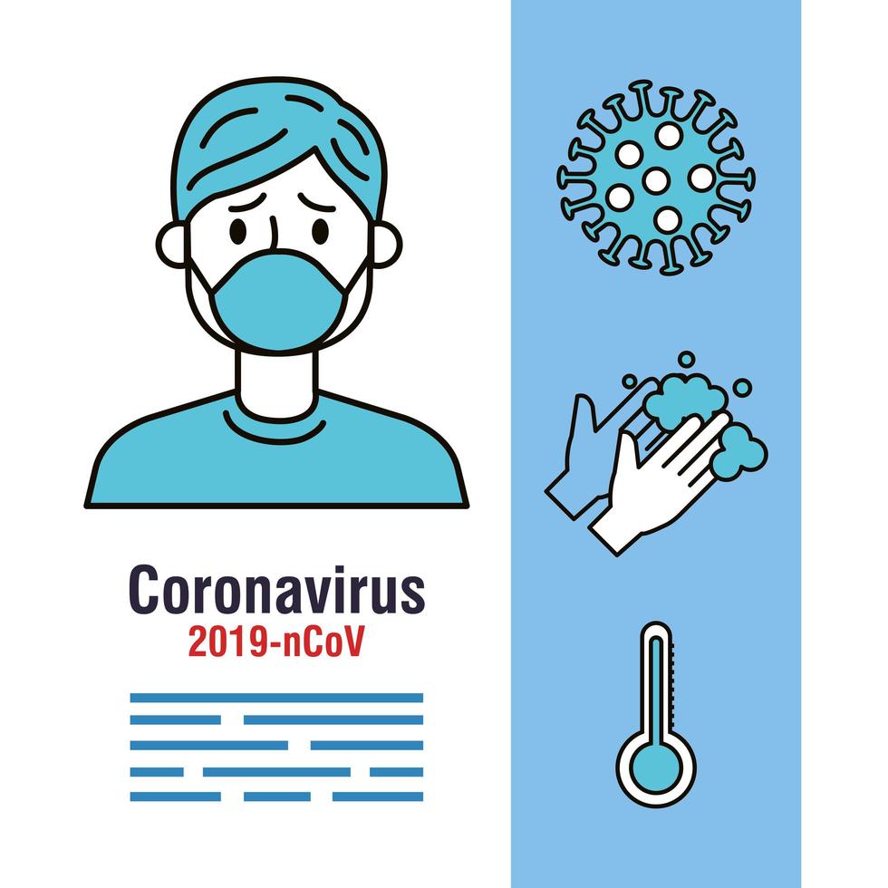 coronavirus pandemisk banner med en sjuk person och ikoner vektor