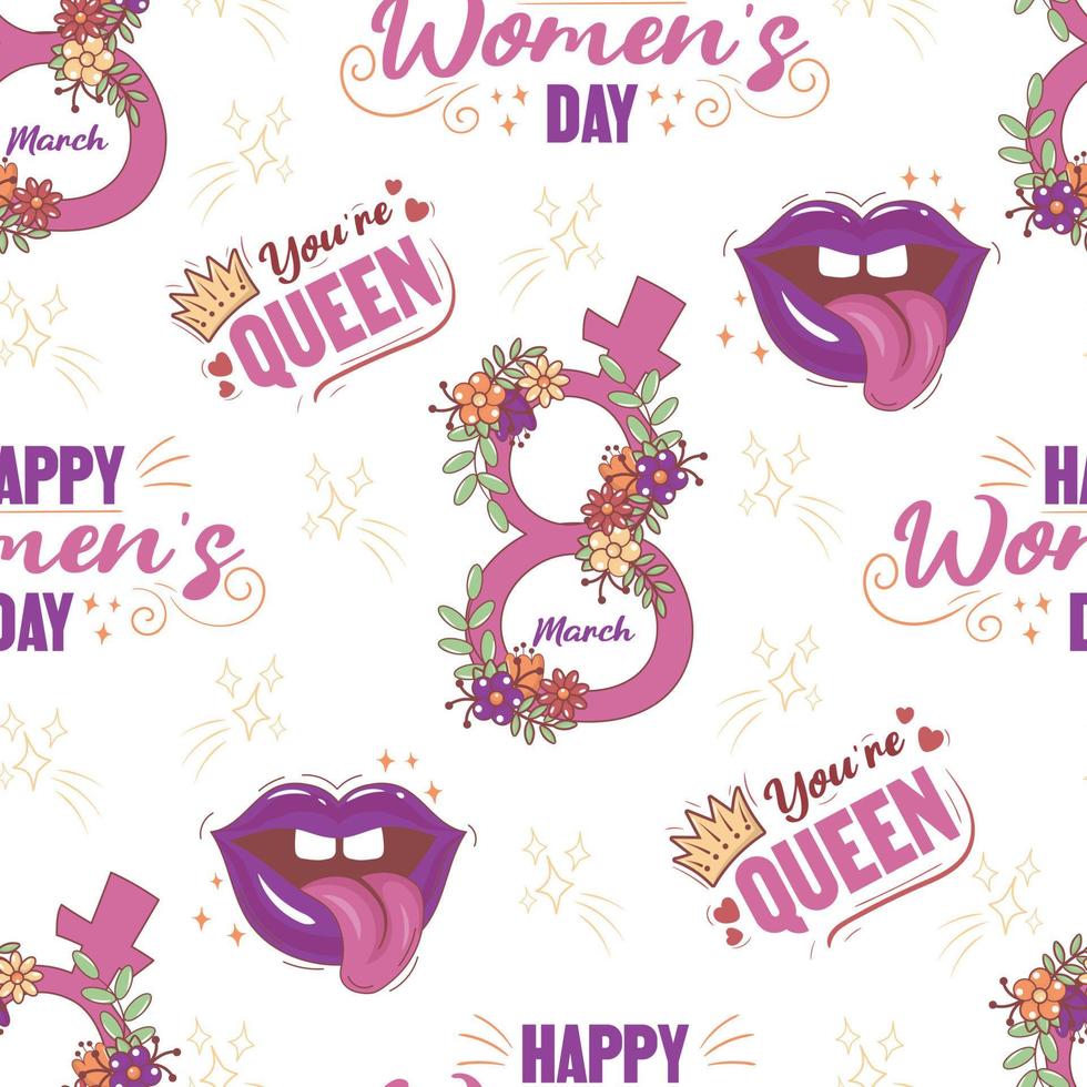 sömlös feminist mönster för Mars 8 med text du är de drottning och Lycklig kvinnors dag, mun i klotter stil vektor