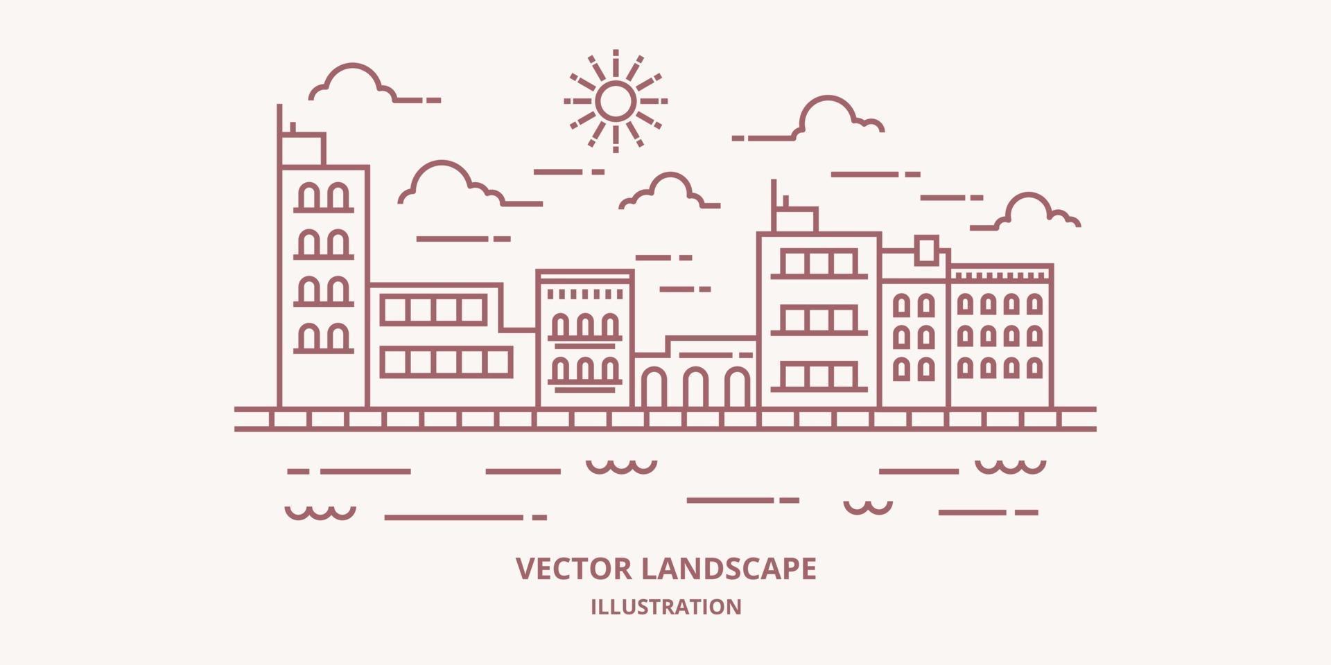 stadsbild i modern platt linje vektor. tunn linje stadslandskap med byggnad, moln, sol, flod. vektor illustration.