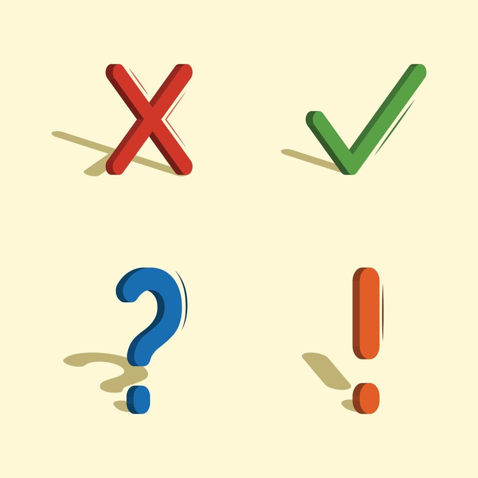 3d Sammlung von Tasten mit Zeichen Erledigt, Fehler, Frage markieren, Ausruf Punkt Symbol Taste zum Apps oder Webseite Symbole vektor