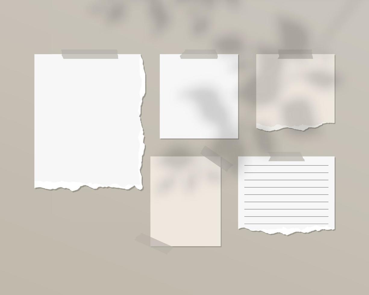 Moodboard-Modellvorlage. leere weiße Papierbögen an der Wand mit Schattenauflage. Modellvektor isoliert. Schablonendesign. realistische Vektorillustration. vektor