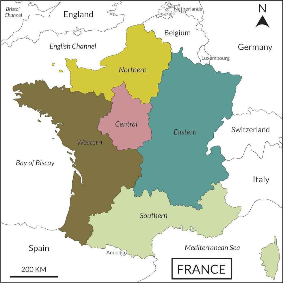 Frankrike eller franska Karta med Flerfärgad division 5 regioner inkludera gräns länder, Italien, Belgien, schweiz, England, luxembourg, andorra, spanien, Tyskland, engelsk kanal, medelhavs hav vektor
