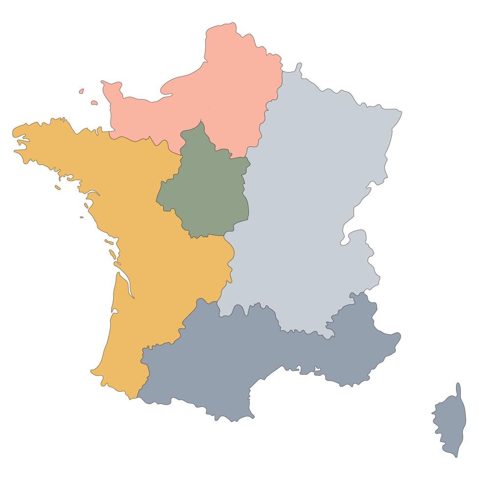 Frankrike franska Karta med Flerfärgad division 5 regioner inkludera gräns länder vektor