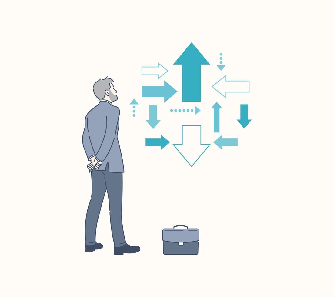 ein Geschäftsmann sieht aus beim Pfeile zeigen zu viele Richtungen, Unsicherheit. Hand gezeichnet Stil Vektor Design Illustration