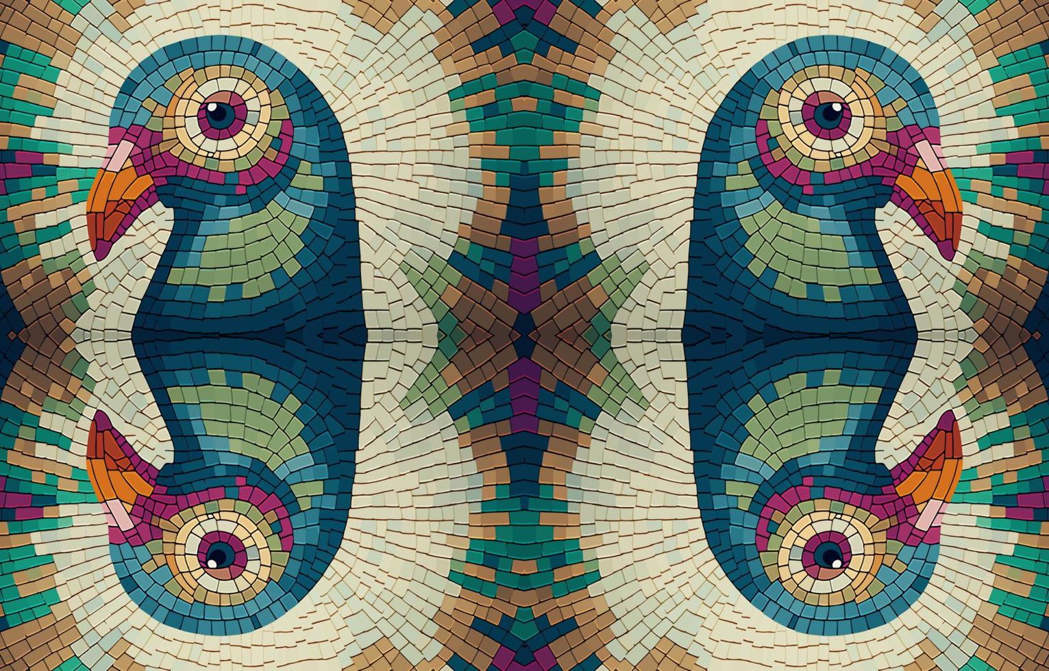Pfau Fasan Truthahn Mosaik Muster. abstrakt Volk ethnisch Stammes- geometrisch Grafik Linie. Textur Textil- Stoff nahtlos Muster Vektor Illustration. aufwendig elegant Luxus Jahrgang retro Stil.