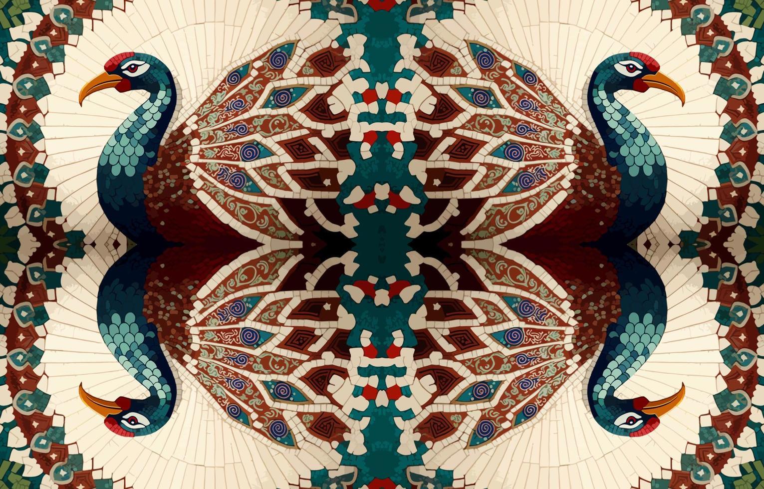 Pfau Fasan Truthahn Mosaik Muster. abstrakt Volk ethnisch Stammes- geometrisch Grafik Linie. Textur Textil- Stoff nahtlos Muster Vektor Illustration. aufwendig elegant Luxus Jahrgang retro Stil.