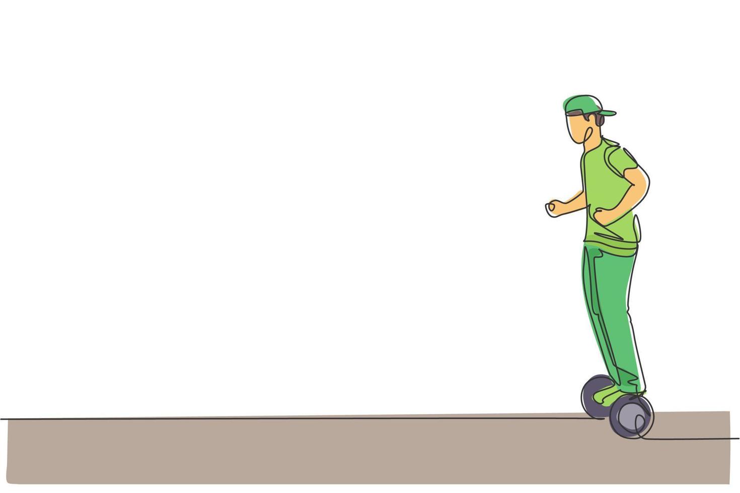 en enda radritning av ung energisk man som rider hoverboard på city park vektorgrafisk illustration. framtida transportör. hälsosam livsstil sport koncept. modern kontinuerlig linje rita design vektor