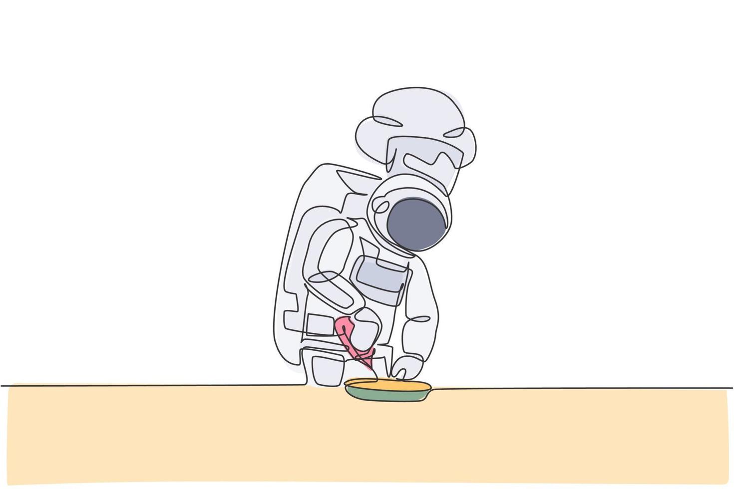 en kontinuerlig linjeteckning av astronautkocken som häller läcker kryddor i maträtten. hälsosam mat matmeny på restaurangkoncept. dynamisk enkel linje rita design vektor illustration