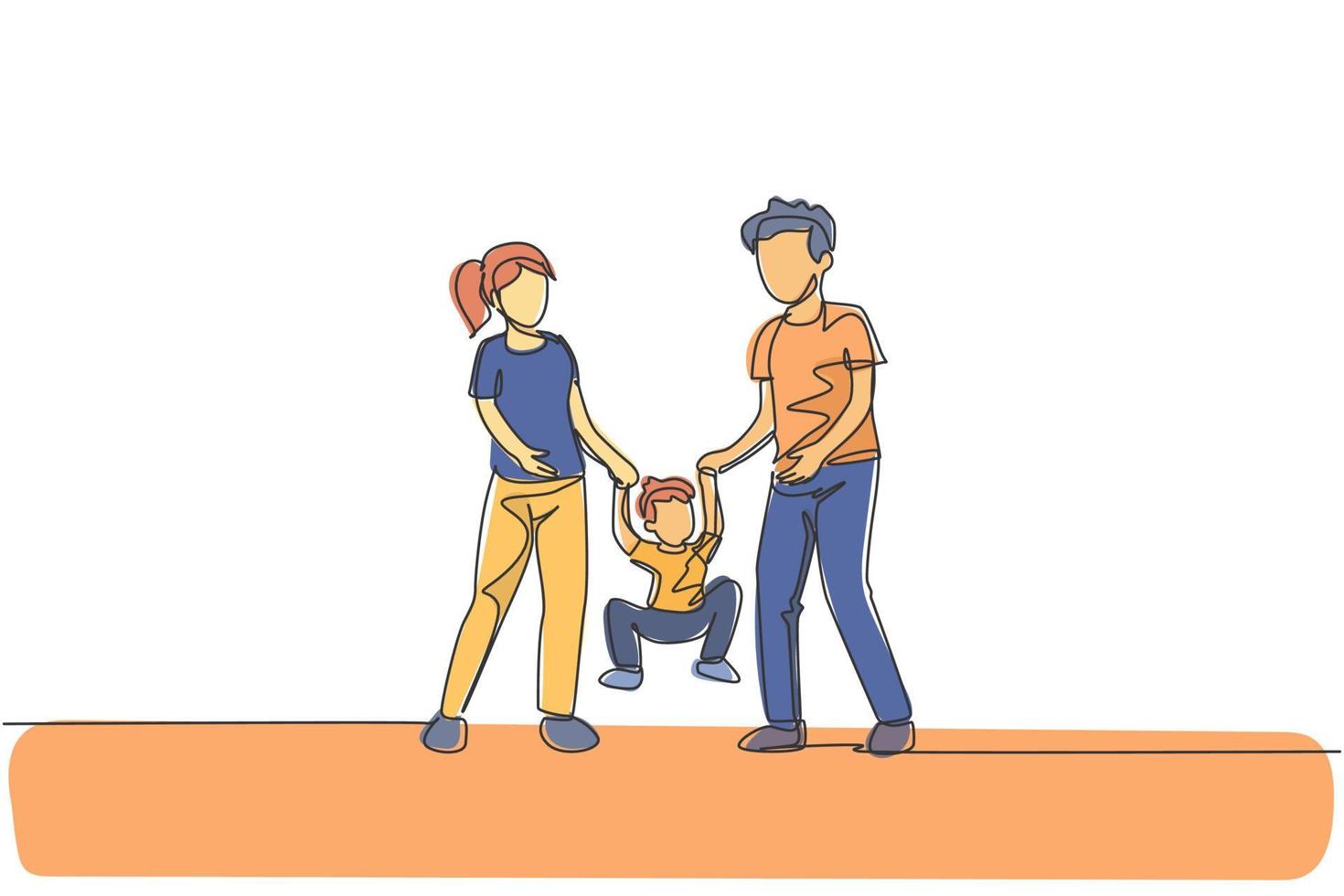 en enda radritning av ung mamma pappa som håller ihop sin son och lyfter och svänger honom, föräldraskap vektor illustration. lycklig familj som spelar tillsammans koncept. modern kontinuerlig linje rita design