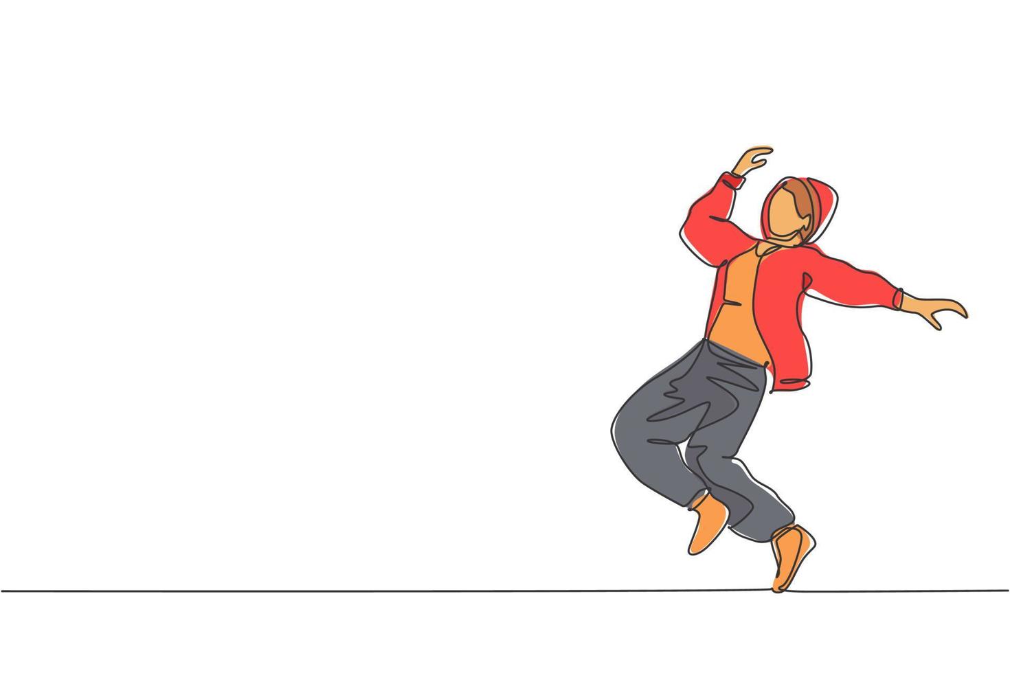 enda kontinuerlig linje ritning av ung energisk hip-hop dansare kvinna på hoodie öva pausdans på gatan. urban generation livsstilskoncept. trendig en linje rita design vektor illustration