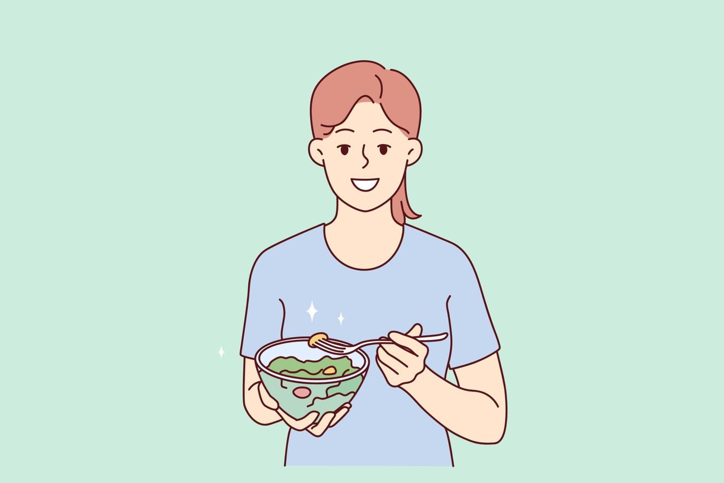 lächelnd jung Frau Essen gesund Salat Folgen Diät. glücklich Mädchen genießen Gemüse Mahlzeit Pflege Über gut Gewohnheiten. Ernährung und Vegetarier Lebensstil. Vektor Illustration.