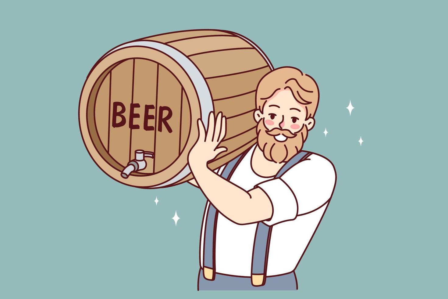 bärtig Mann Tragen Bier Fass. lächelnd männlich Barkeeper oder Bedienung halten Fass mit alkoholisch trinken. Vektor Illustration.