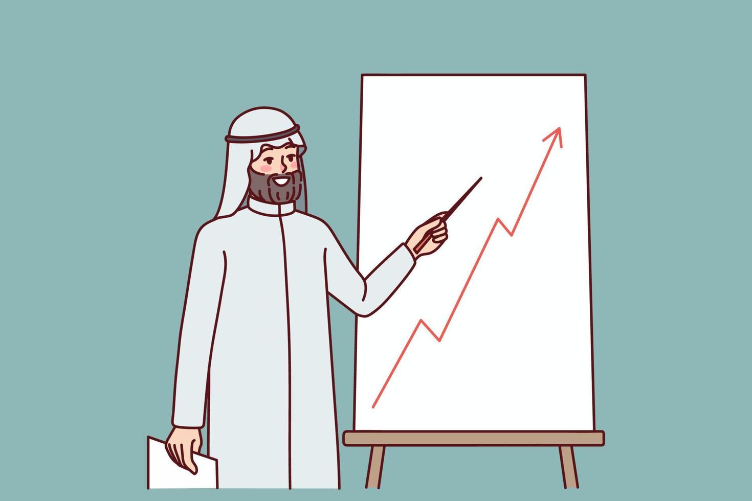 Arabisch Mann machen Präsentation von Flipchart. arabisch Geschäftsmann Geschenk Projekt auf Tafel. International Unternehmen Geschäft. Vektor Illustration.