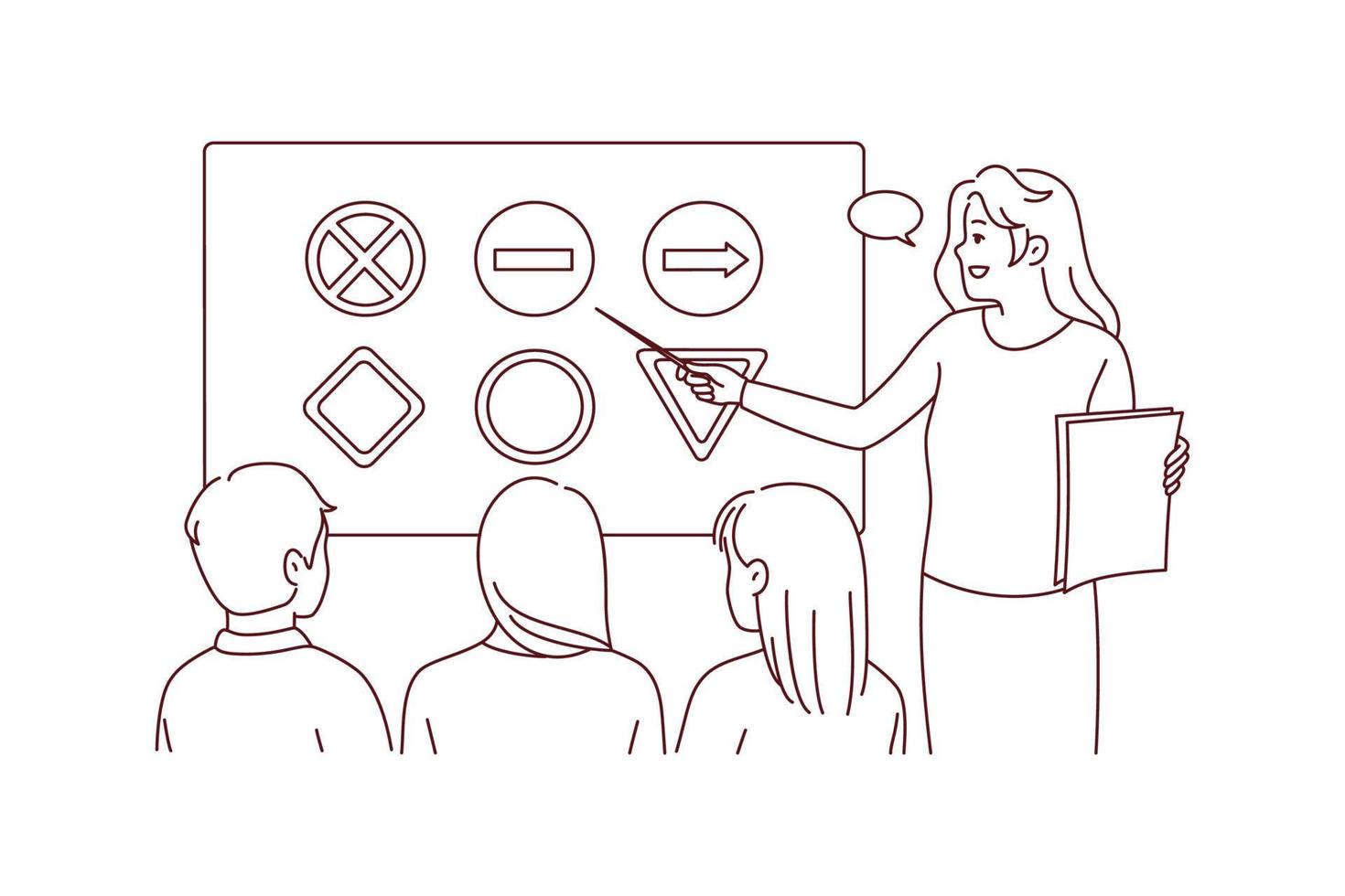 weiblich Lehrer machen Präsentation im Automobil Kurse. Frau Tutor sich unterhalten erklären beim Lektion im Fahren Schule zu Schüler oder Studenten. Vektor Illustration.